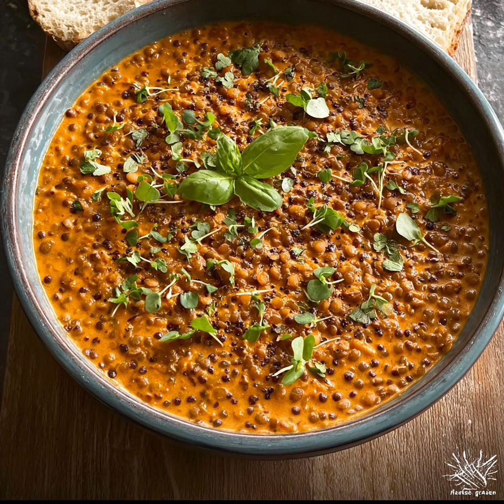 A bowl of creamy lentils with green leaves on top.