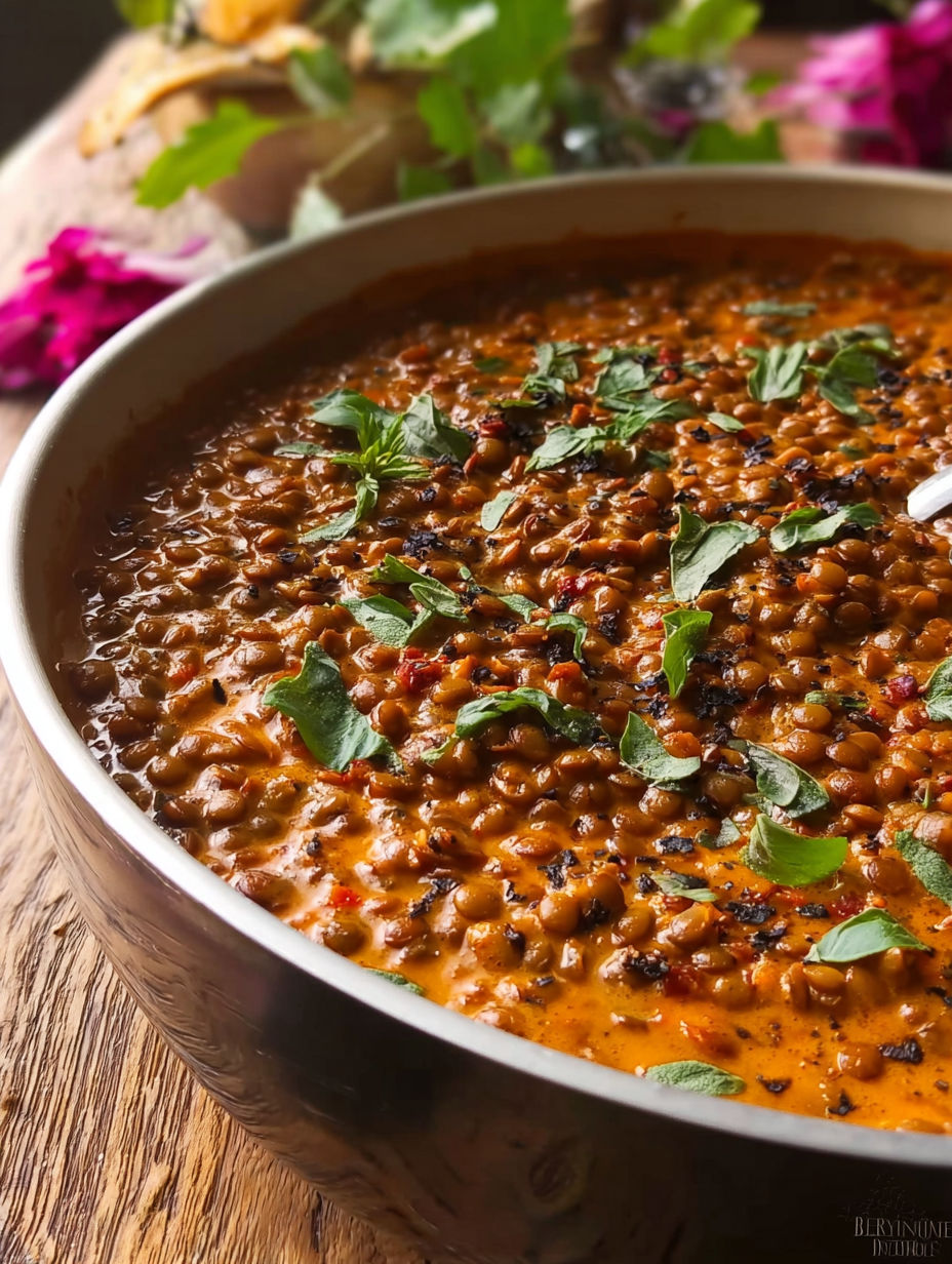 A bowl of creamy lentils with green leaves.