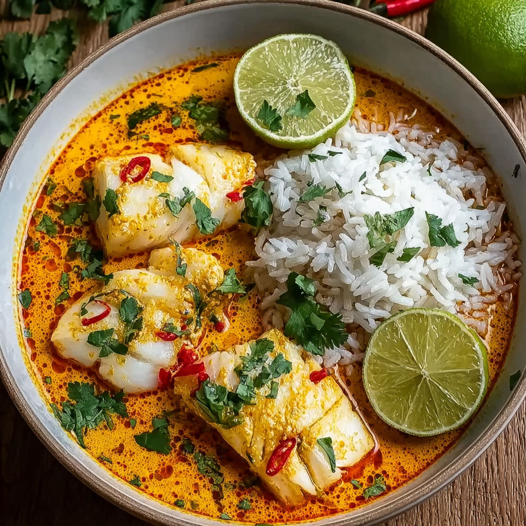 A bowl of fish curry with rice and lime.