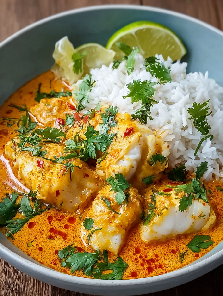 A bowl of fish curry with rice and lime.
