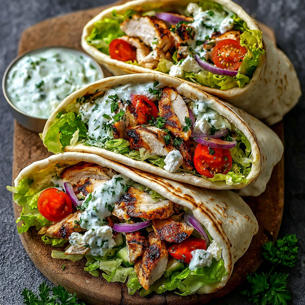 Two gyro wraps filled with chicken and vegetables.