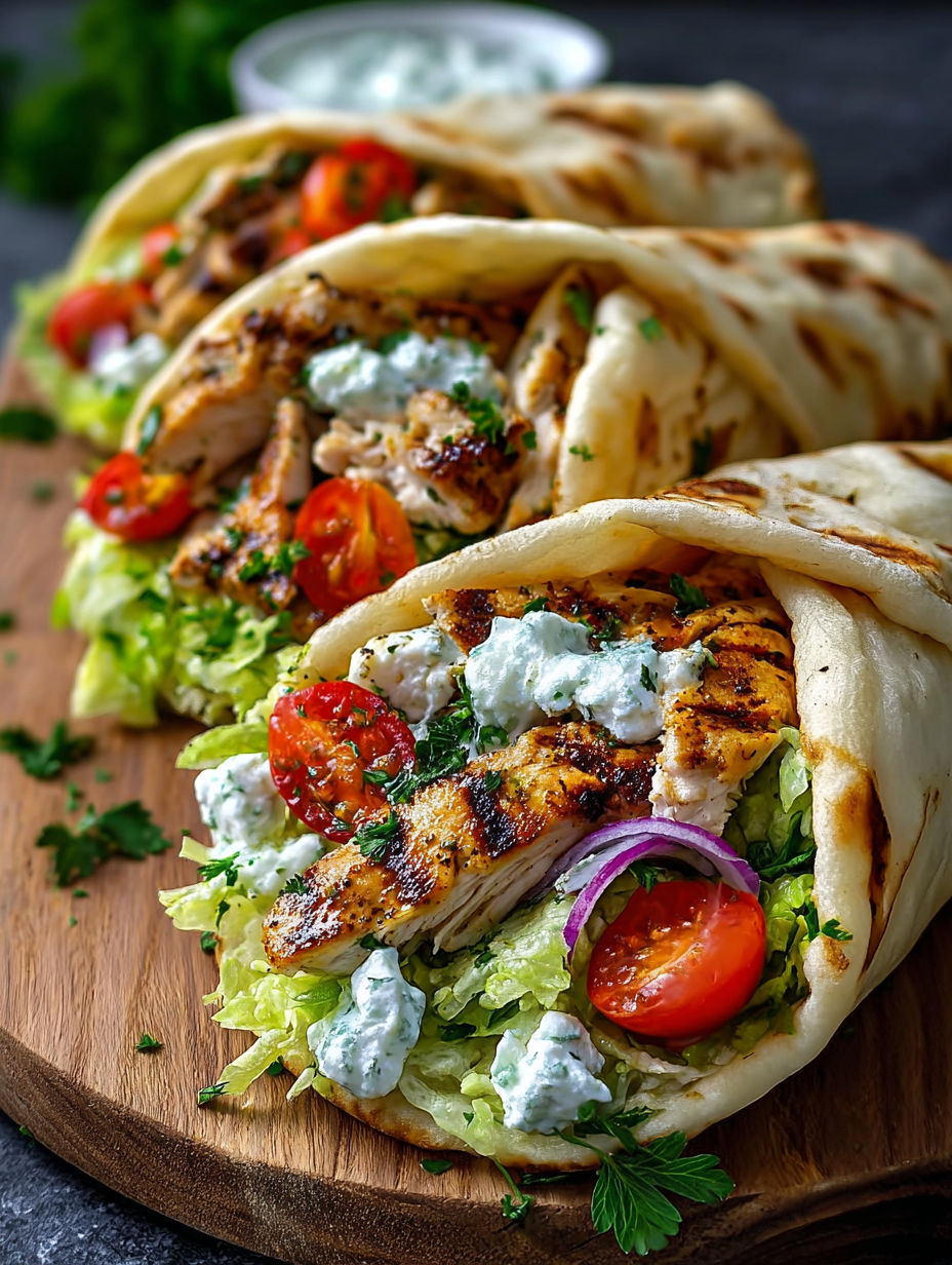 A gyro with chicken, tomatoes, lettuce, and feta cheese.