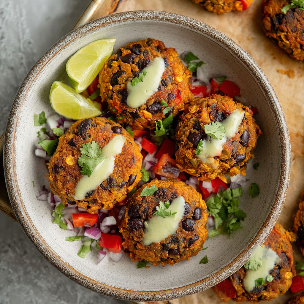 A bowl of sweet potato black bean patties with lime drizzle.