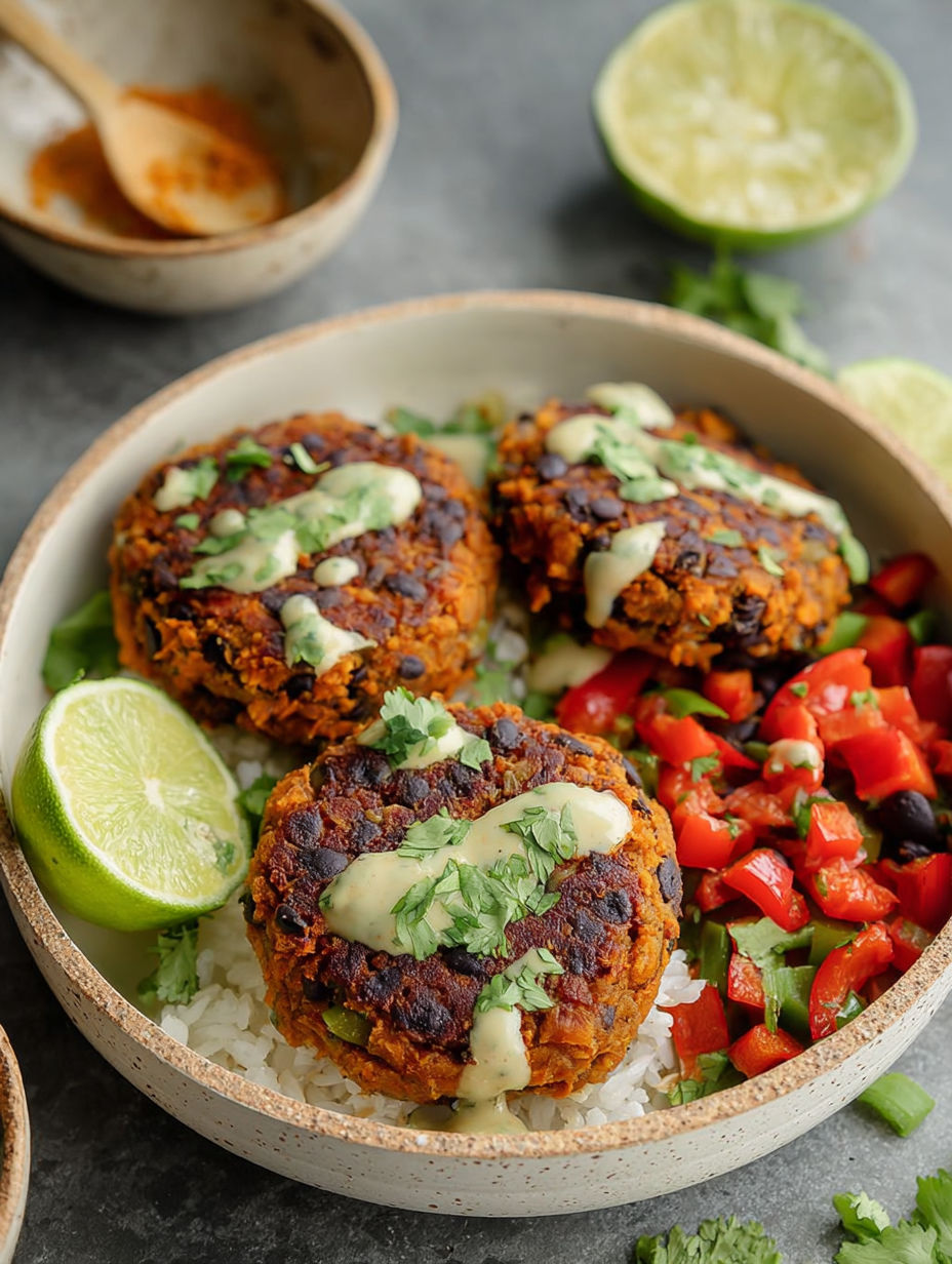A plate of food with sweet potato black bean patties and lime.