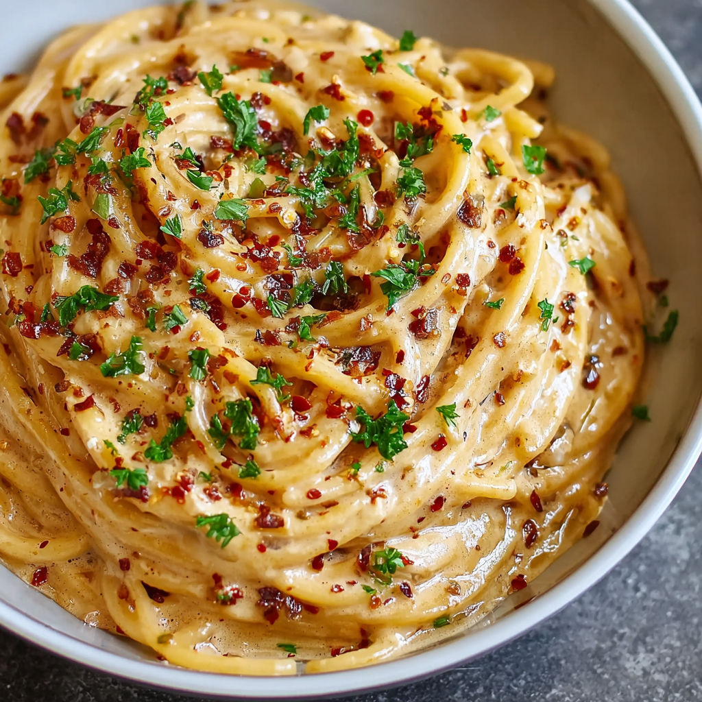 A bowl of pasta with chili oil and onions.