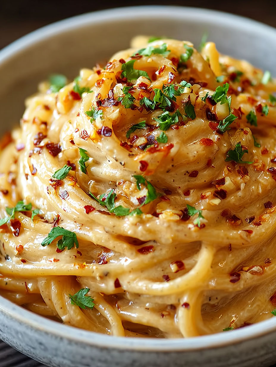 A bowl of pasta with chili oil and caramelized onions.