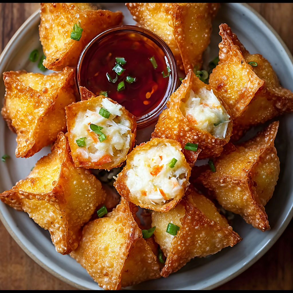 A plate of crab rangoon bombs with a dipping sauce.