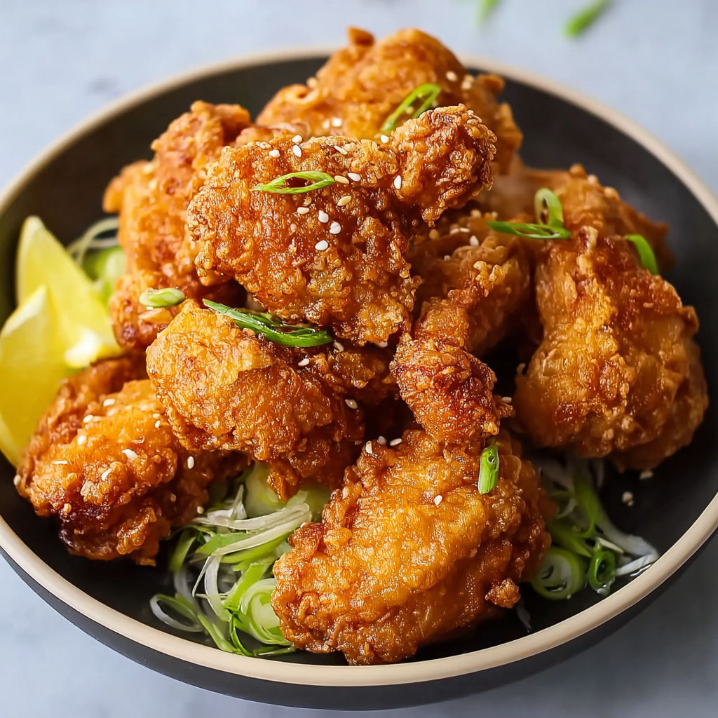 A bowl of fried chicken with sesame seeds on top.