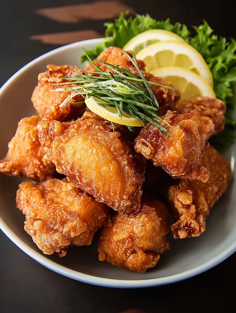 A plate of fried chicken with lemon wedges on top.