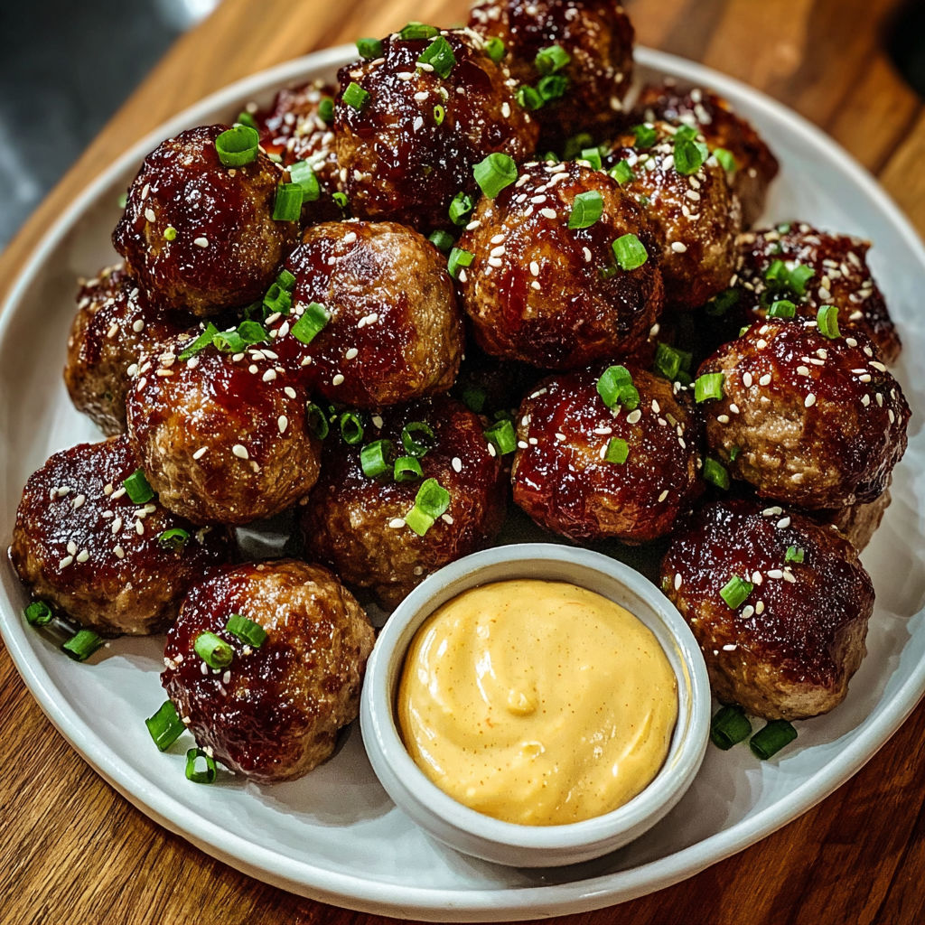 A plate of meatballs with a dipping sauce.