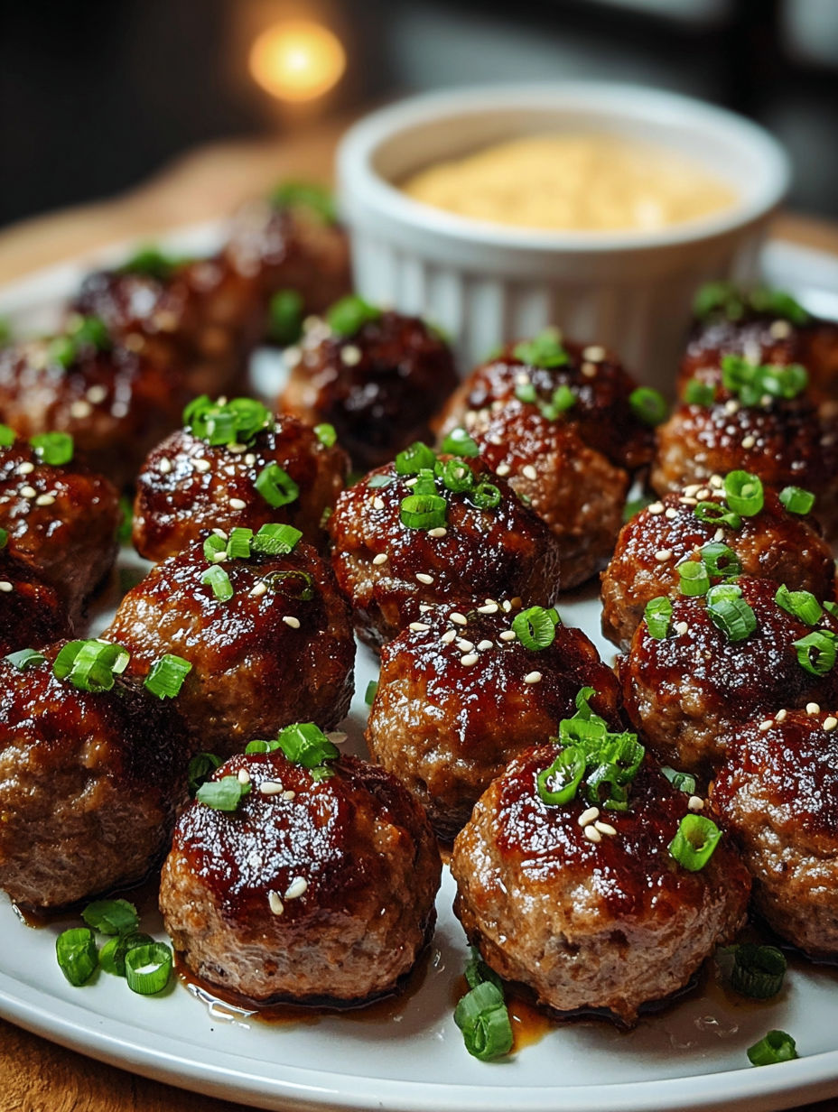 A plate of meatballs with green onions on top.