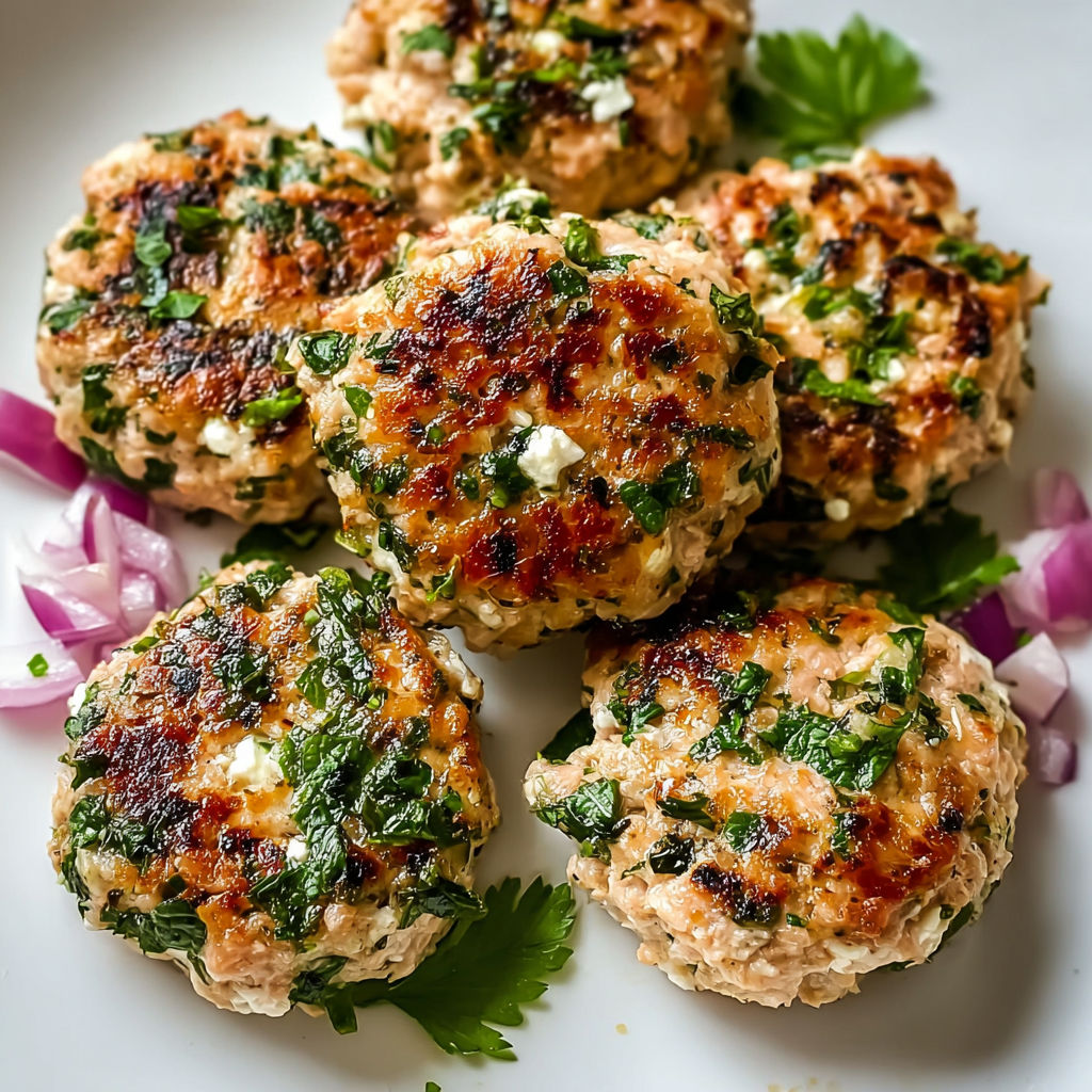 A plate of chicken patties with green toppings.