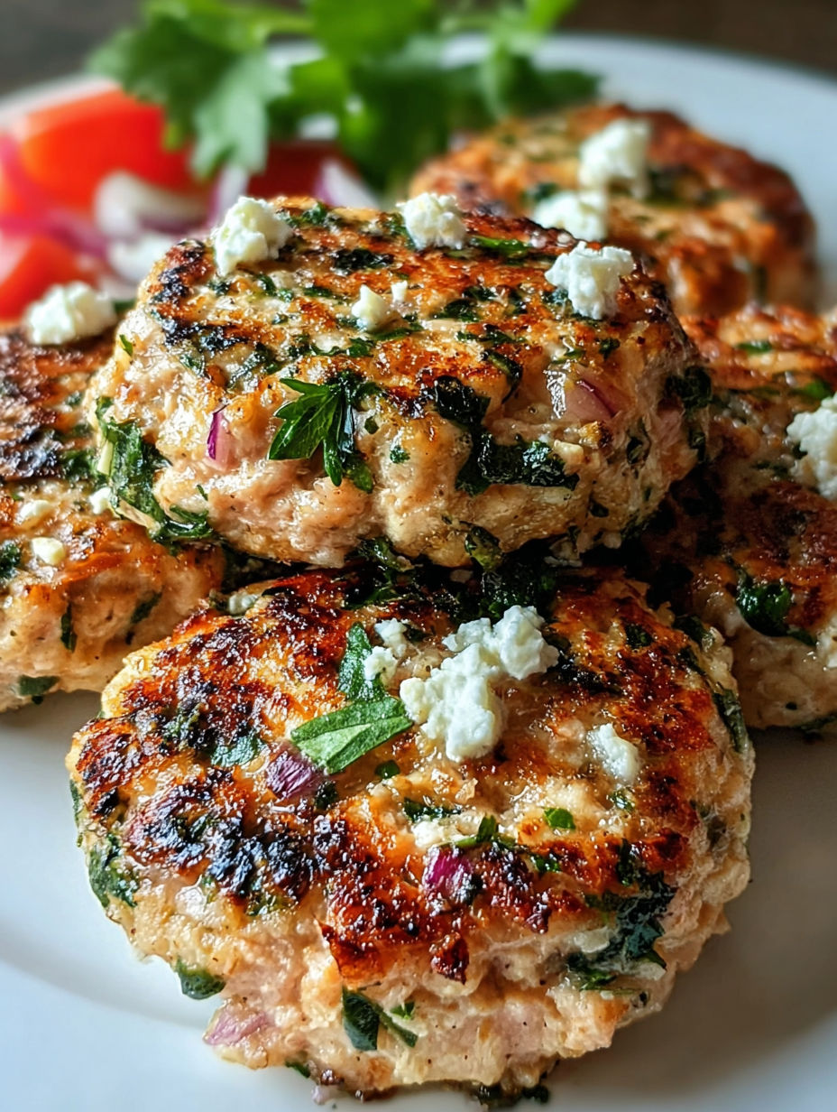 A plate of chicken patties with feta cheese and onions.
