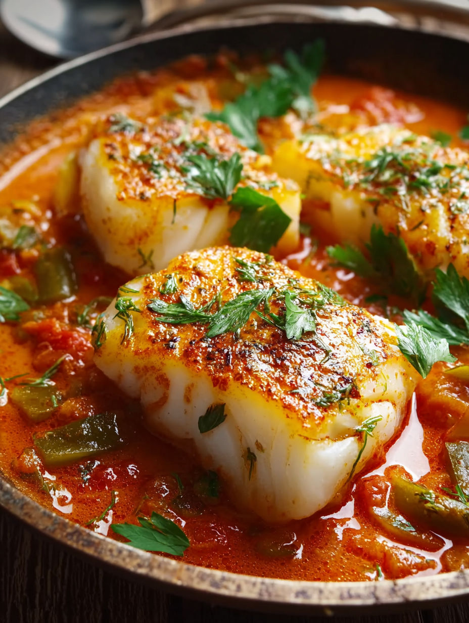 A dish of cooked cod in a red pepper sauce.