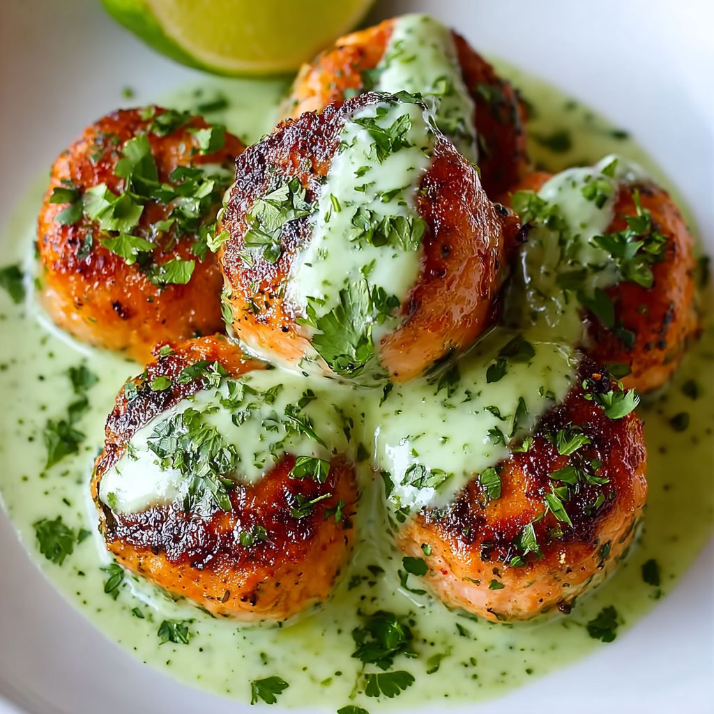 Salmon balls with creamy avocado sauce.