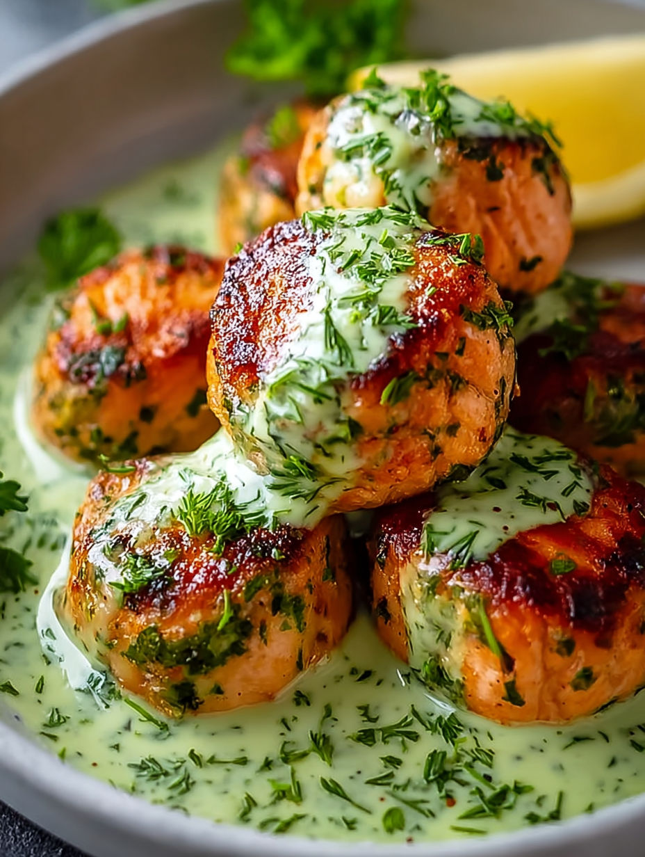 Salmon balls with creamy avocado sauce.