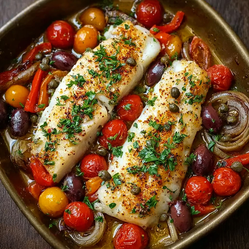 A dish of Mediterranean baked fish.