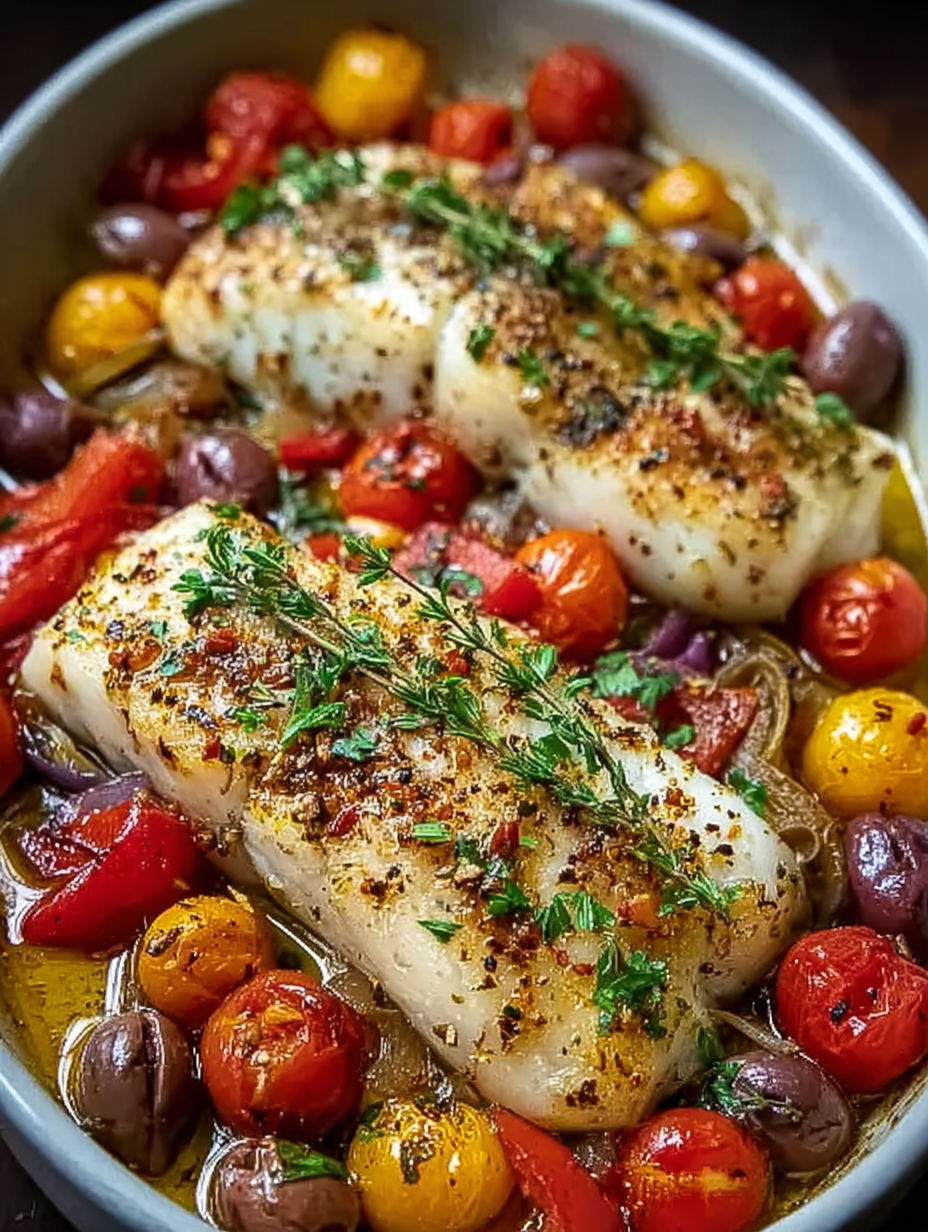 A dish of Mediterranean baked fish with tomatoes, olives, and herbs.