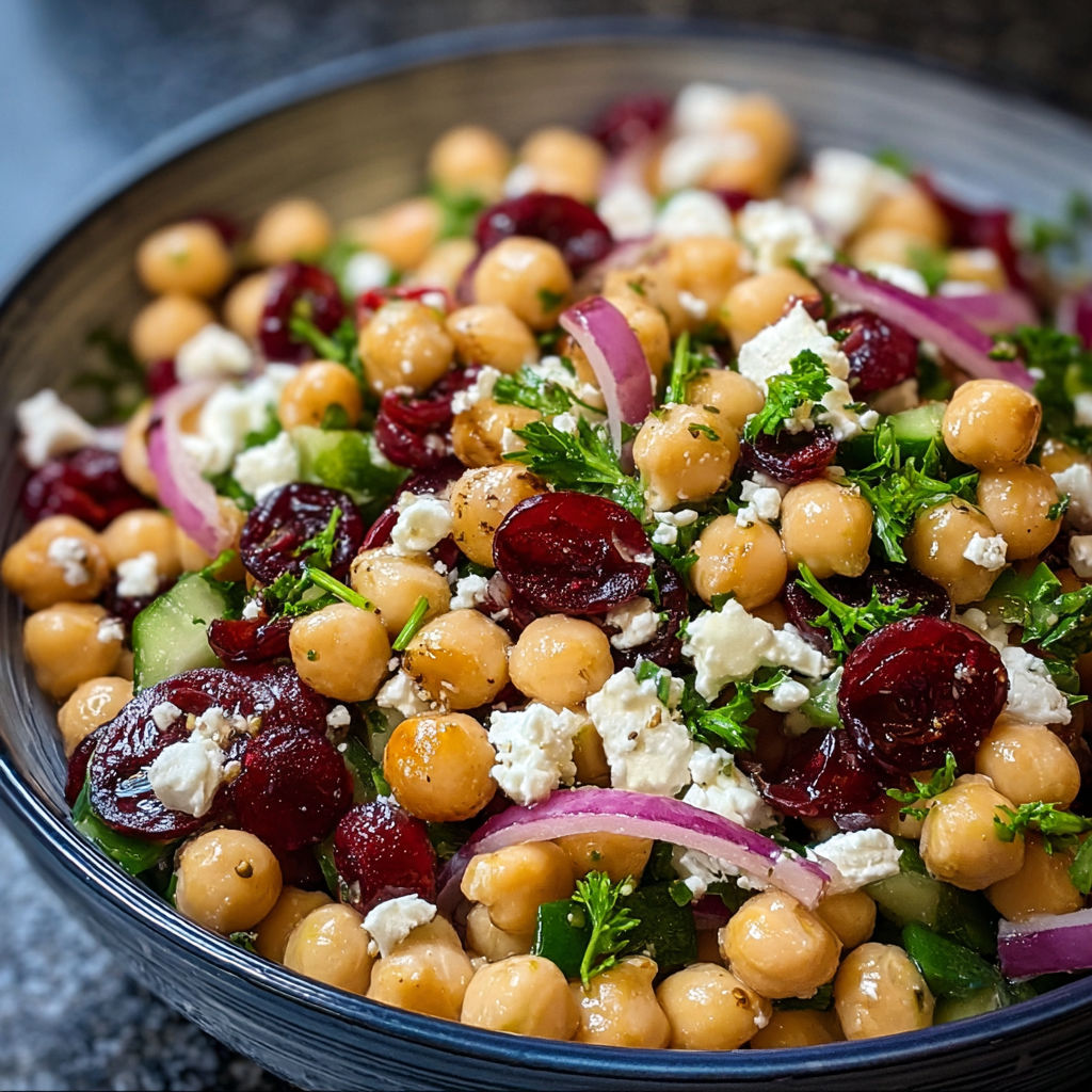 A bowl of feta and cranberry chickpea salad with a lemon vinaigrette.