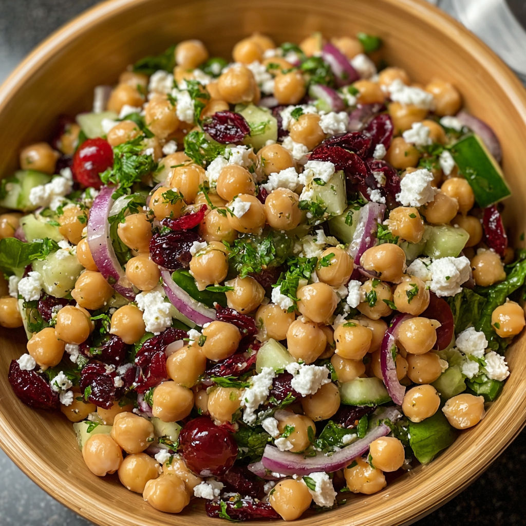 A bowl of chickpea salad with feta cheese and cranberries.
