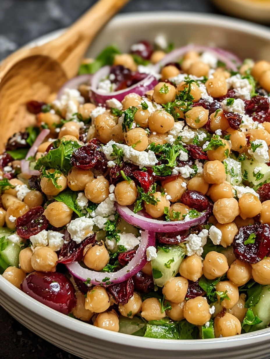 A bowl of chickpea salad with feta cheese and cranberries.