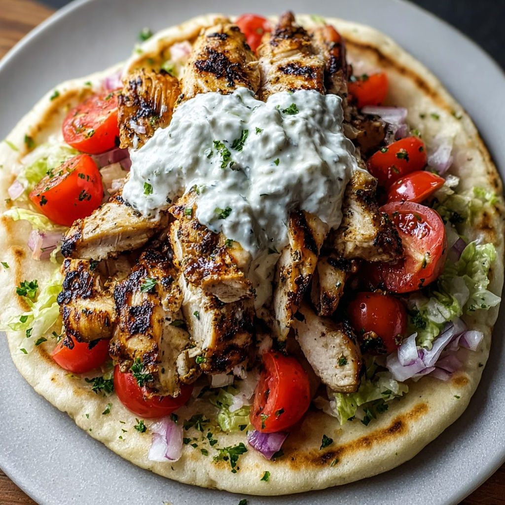 A plate of Greek chicken gyros with lemon-herb marinade and tzatziki.