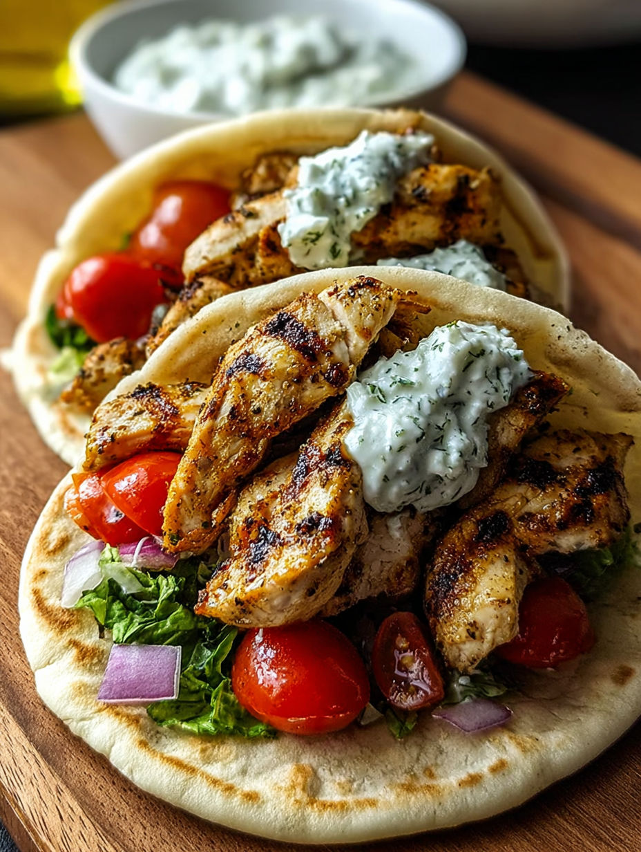 Two gyros with chicken and tomatoes.