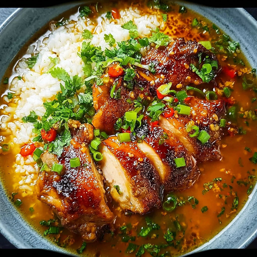 A bowl of food with rice and chicken.