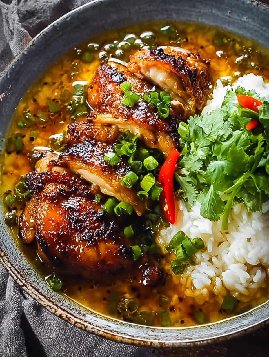 A bowl of food with rice and chicken.