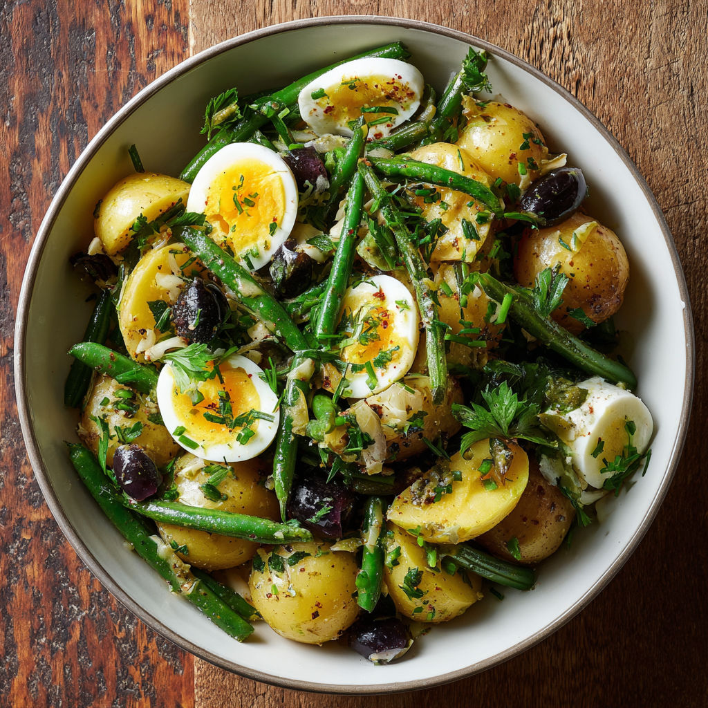 A bowl of French-style potato and green bean salad.