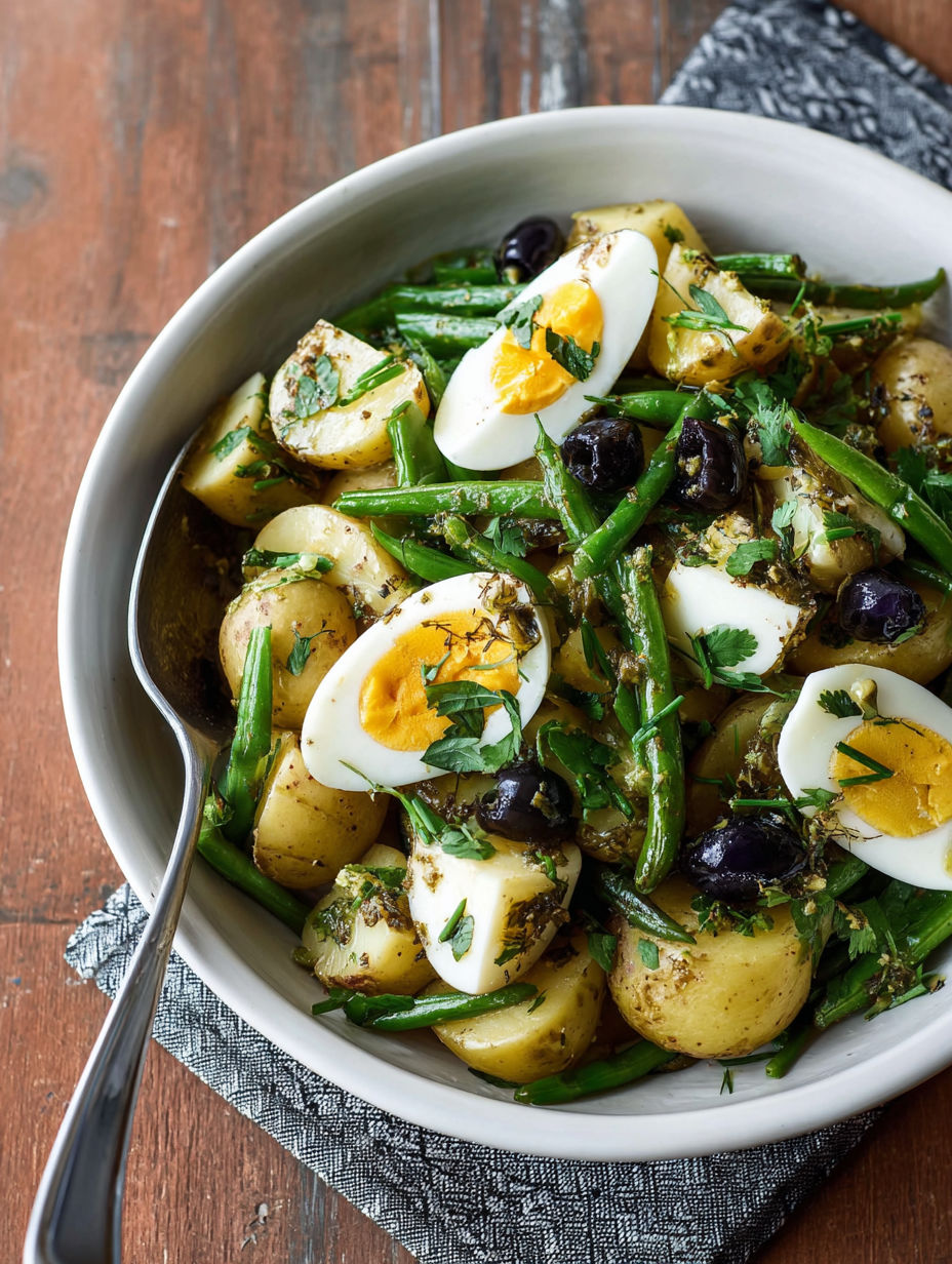 A bowl of French-style potato and green bean salad.