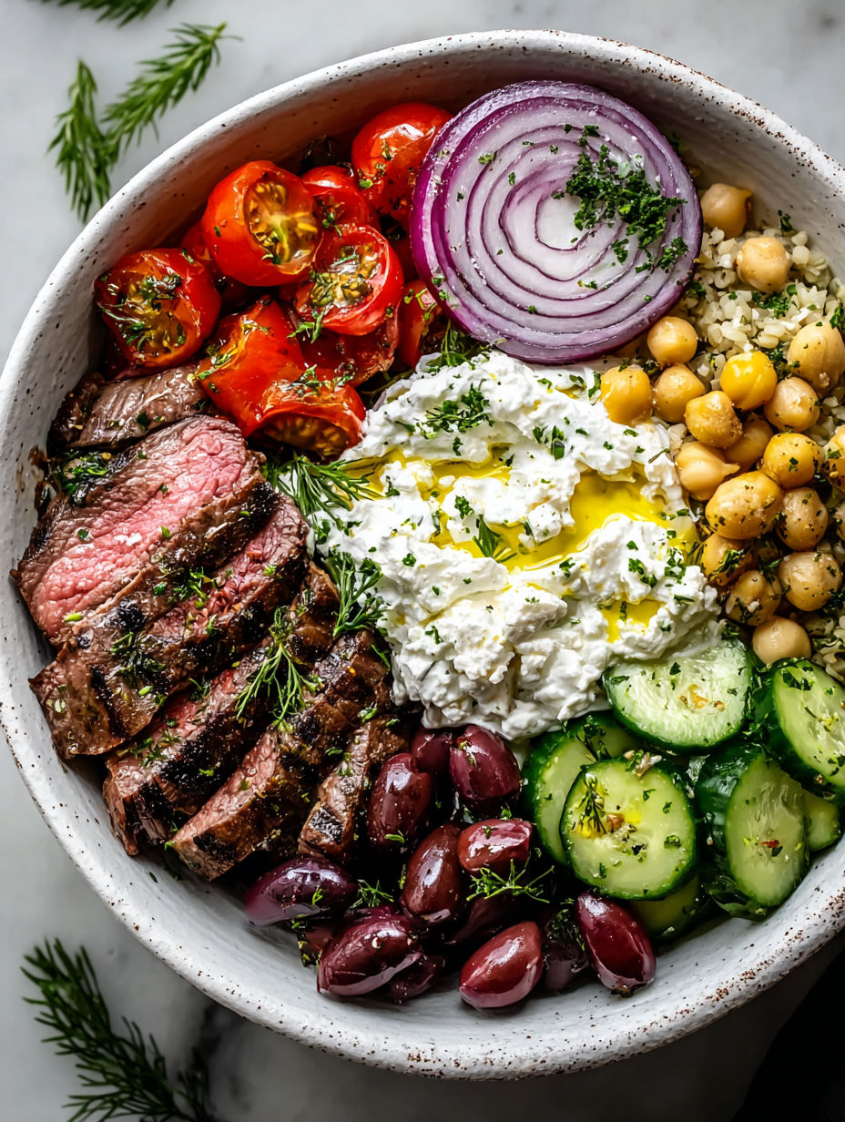 A bowl of food containing meat, vegetables, and a white sauce.