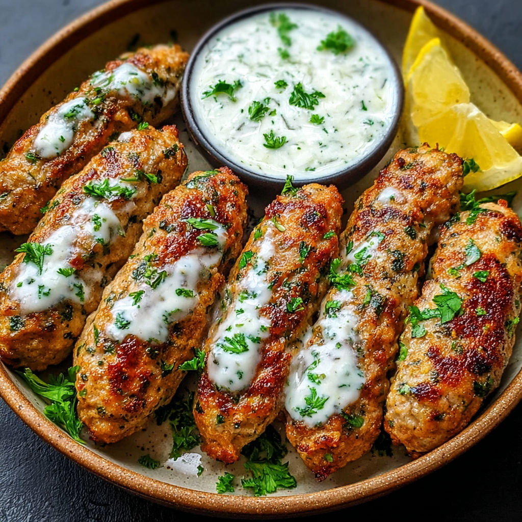 A plate of chicken kofta with garlic yogurt sauce.