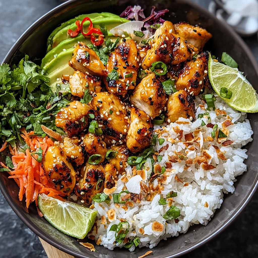 A bowl of food with chicken, rice, and vegetables.
