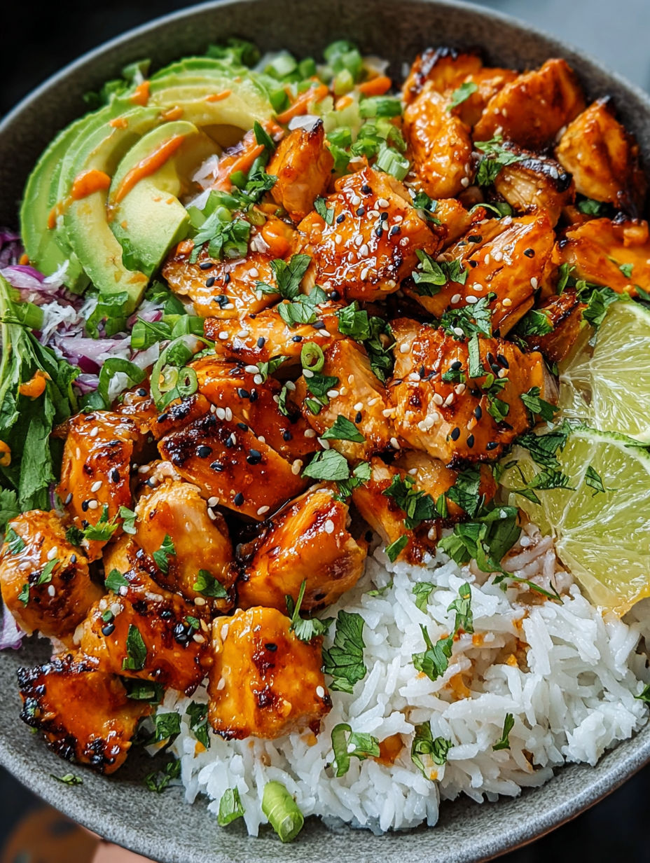A plate of spicy maple chicken and coconut rice.