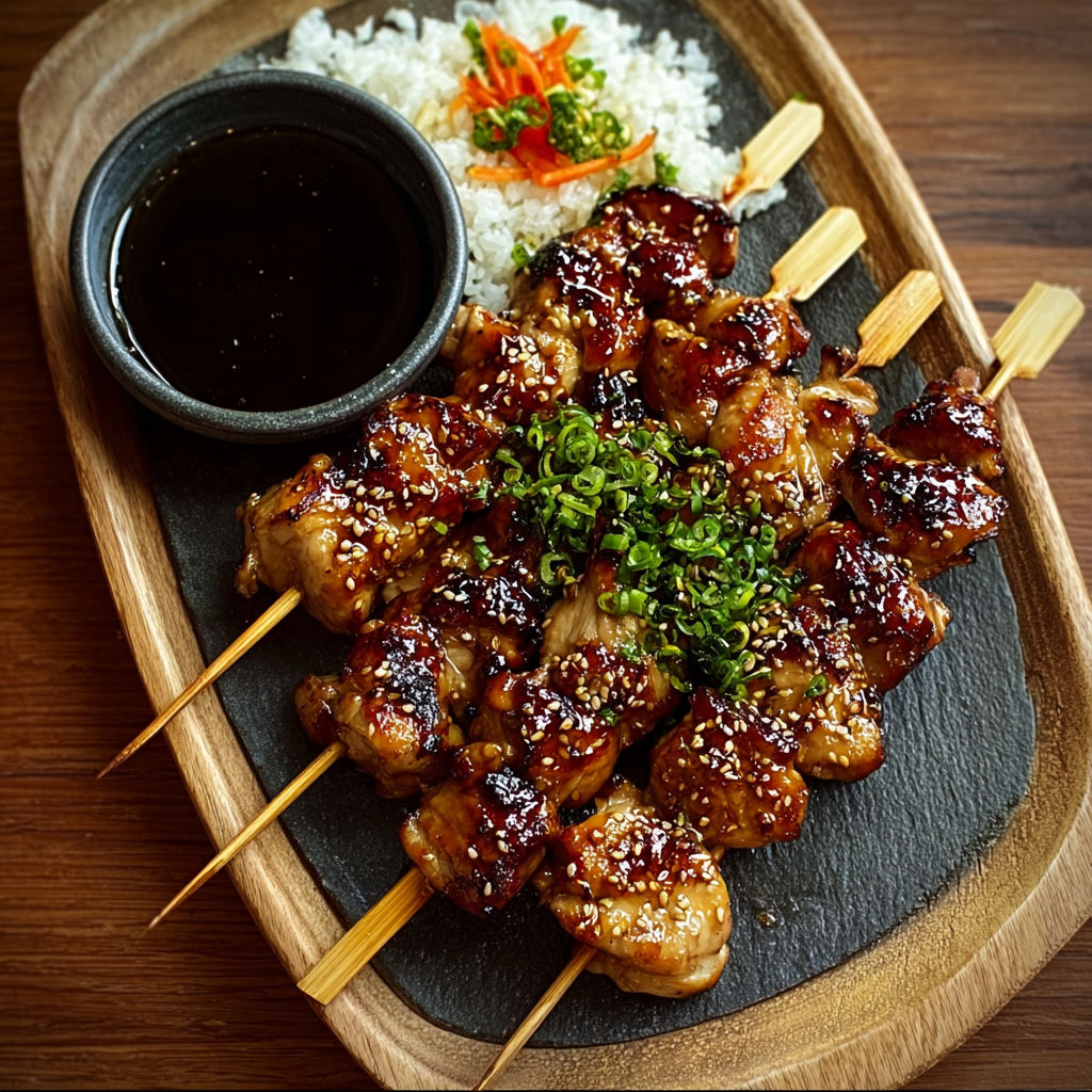 A plate of chicken yakitori with rice and sauce.