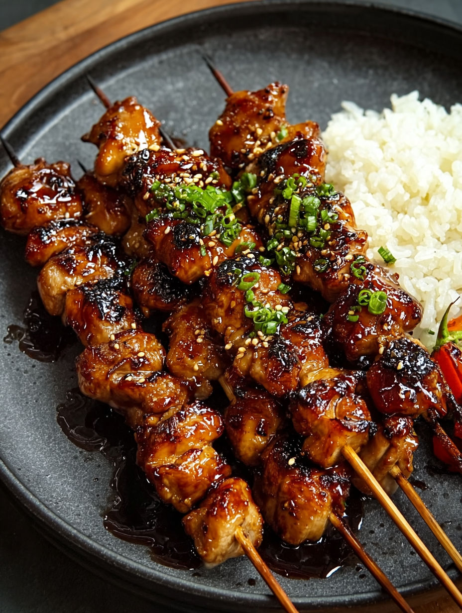 Chicken yakitori with rice and vegetables.