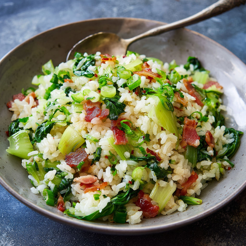 A bowl of fried rice with bacon and bok choy.