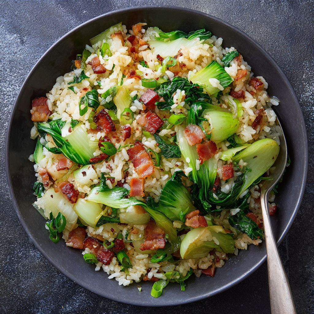 A bowl of rice with bacon and broccoli.