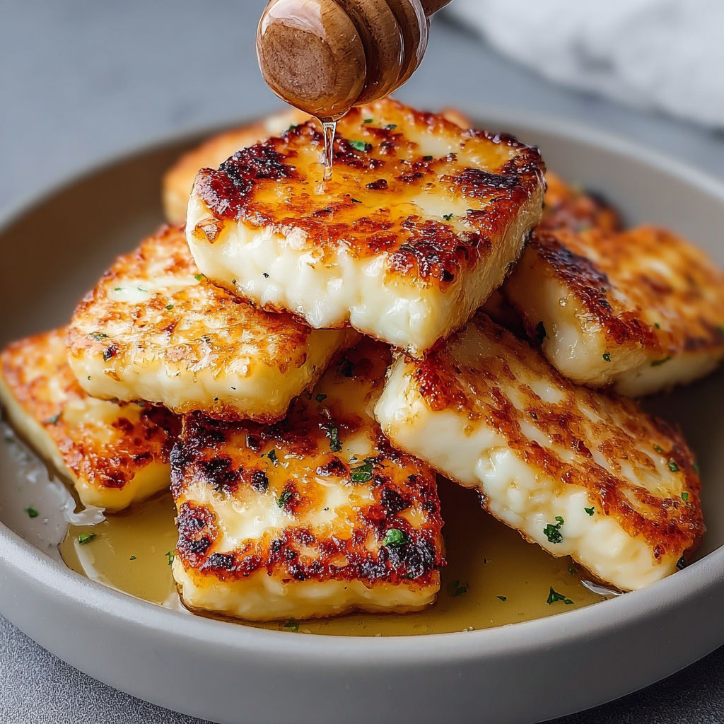 A plate of crispy air-fried halloumi with a honey drizzle.