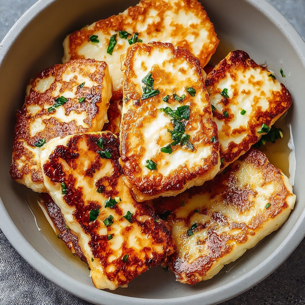 A bowl of crispy air-fried halloumi with honey drizzle.