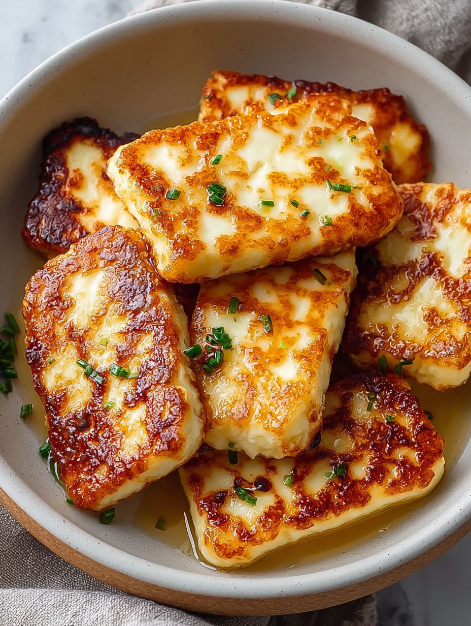 A bowl of crispy air-fried halloumi with honey drizzle.