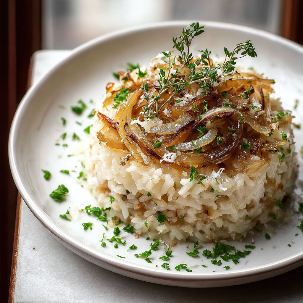 A plate of rice with onions and herbs on top.