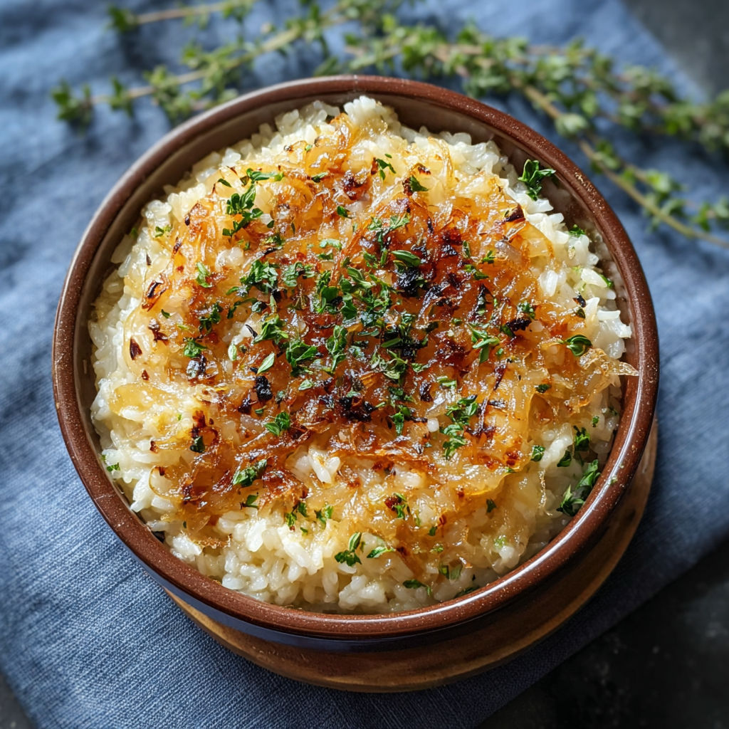 A bowl of rice with French onions and butter.
