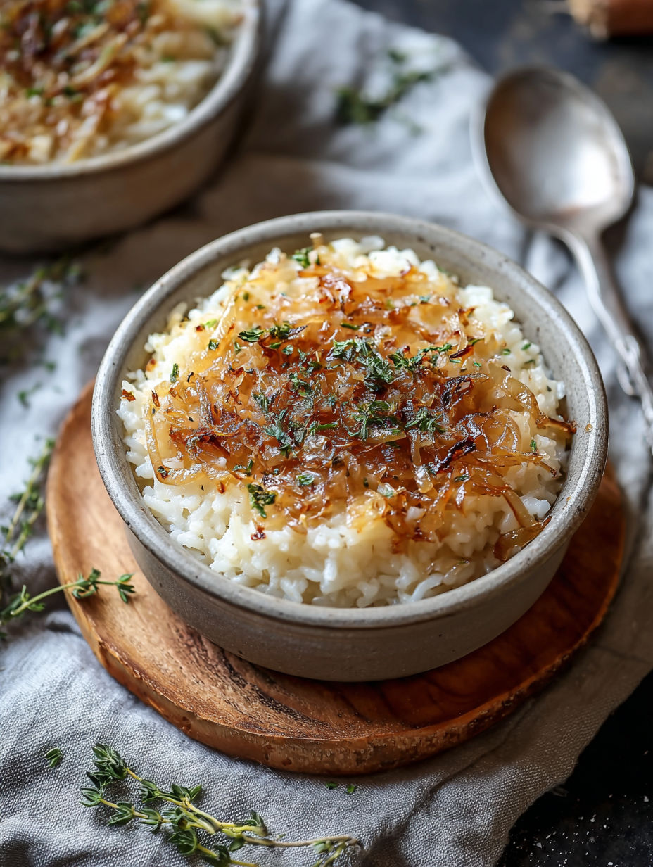 A bowl of rice with French onions and butter.