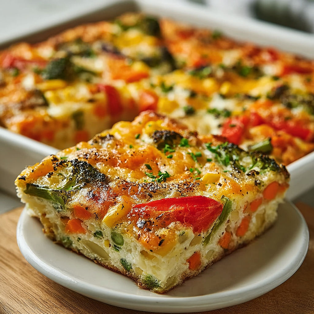 A white plate with a slice of a high-protein cottage cheese veggie bake.