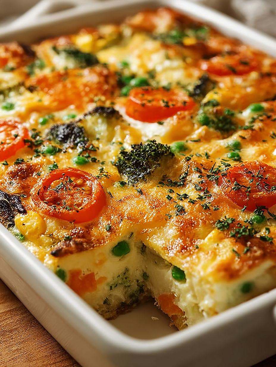 A delicious veggie bake with peas and tomatoes.