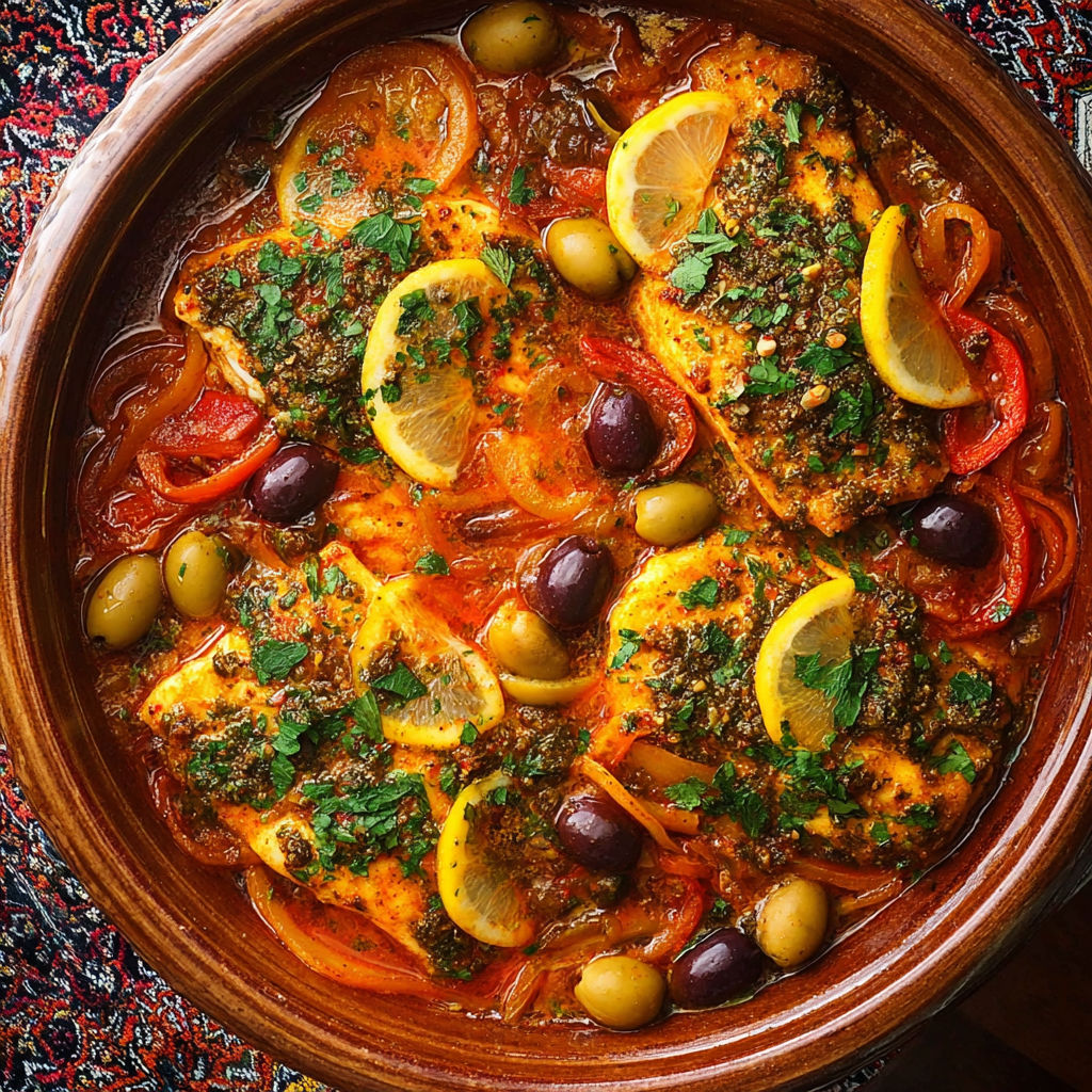 A bowl of fish with olives and lemon.