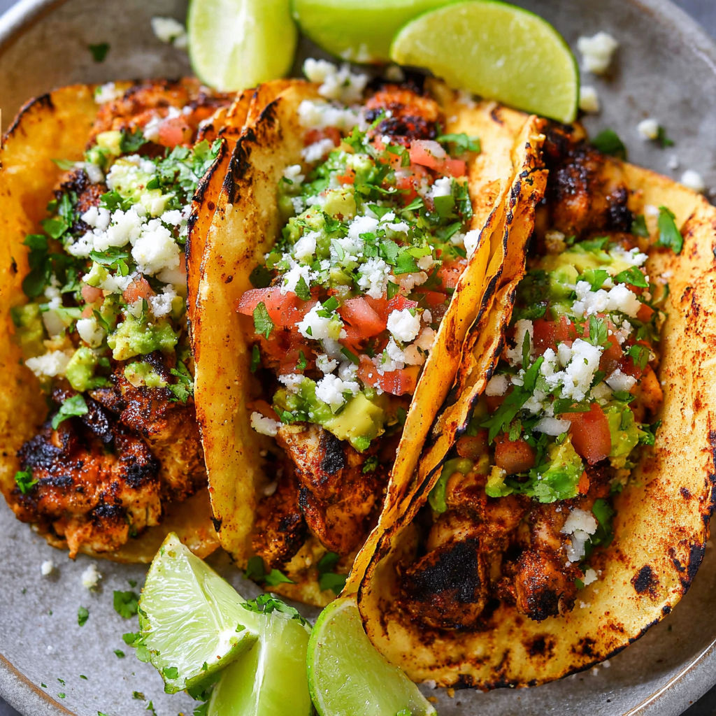 A plate of chicken tacos with salsa and guacamole.