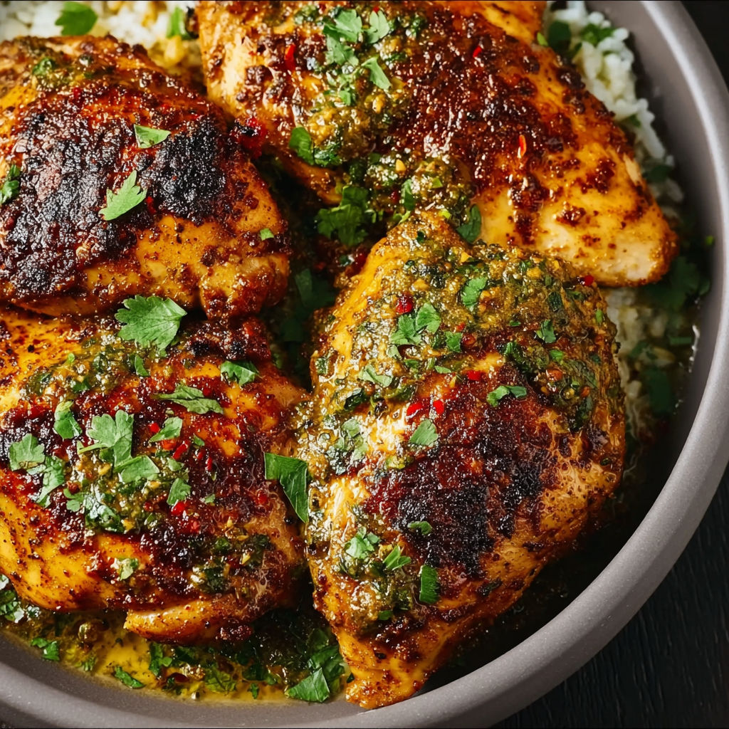 A bowl of chicken with green sauce and rice.